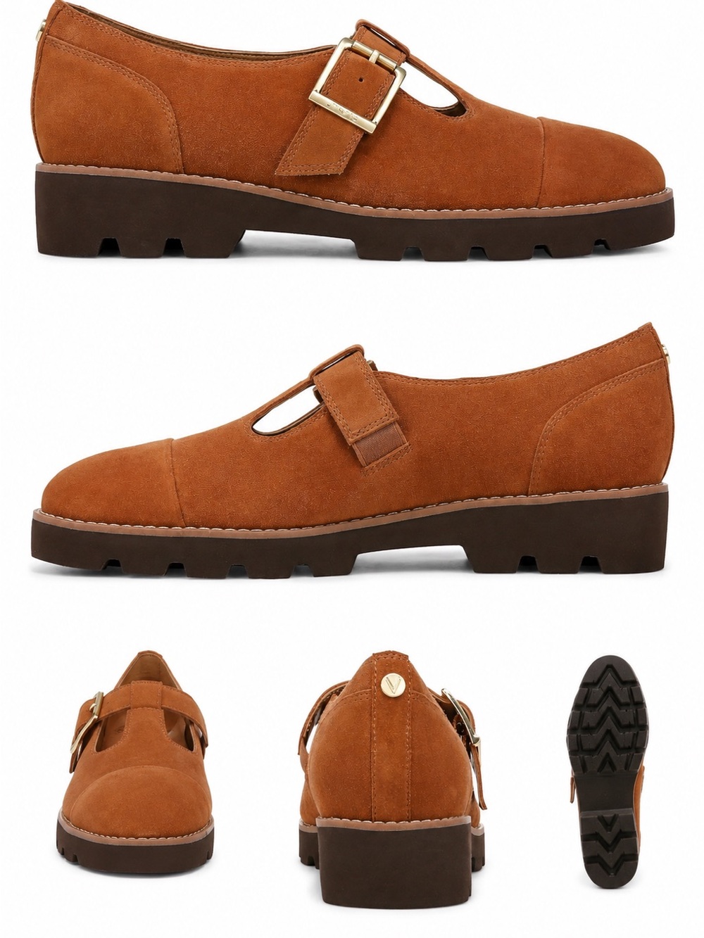 NWOT Vionic Cognac Sueded Mary Jane Loafers with Gold Buckle